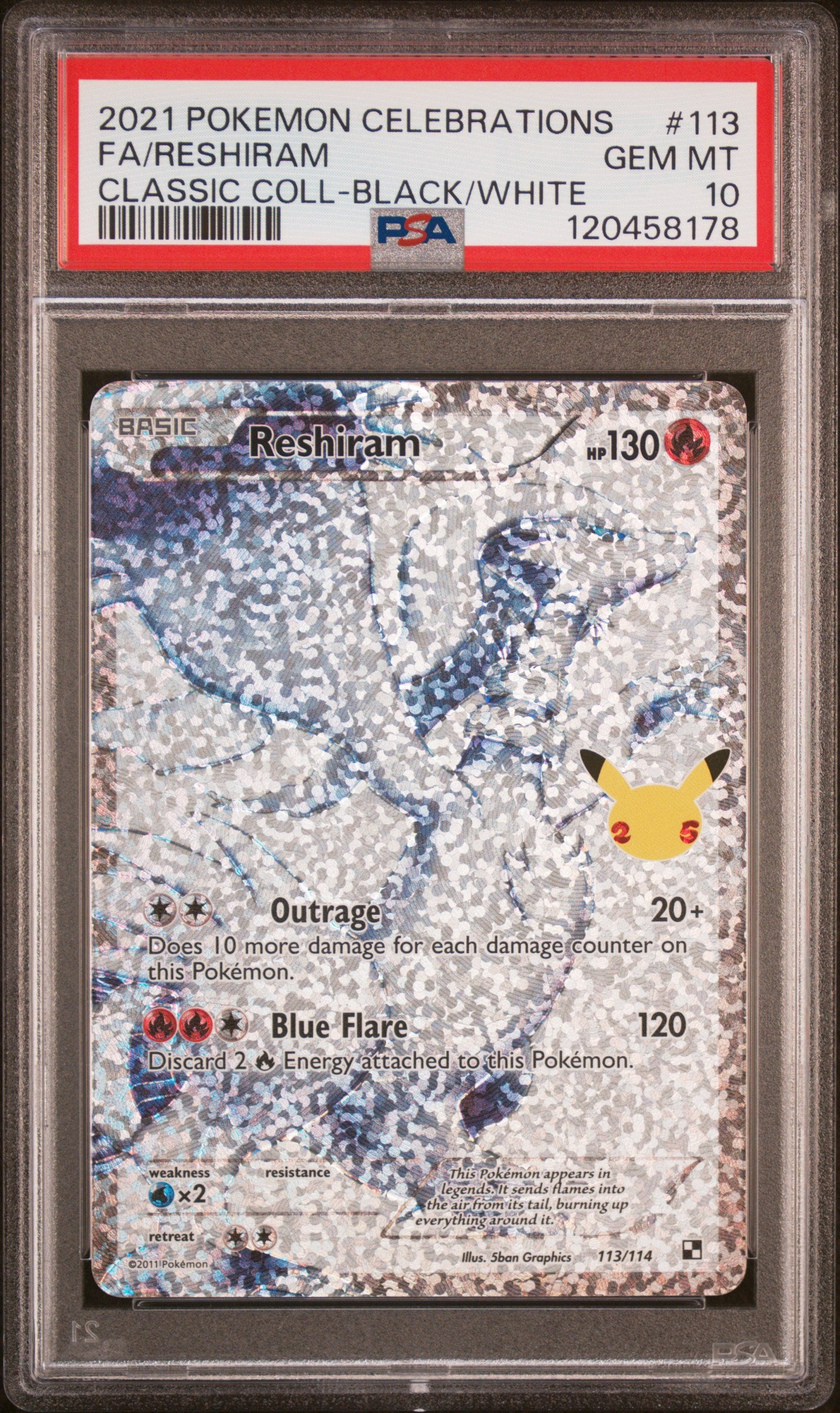 2021 Pokemon Celebrations Classic Collection Full Art / Reshiram #113 PSA Gem Mint 10