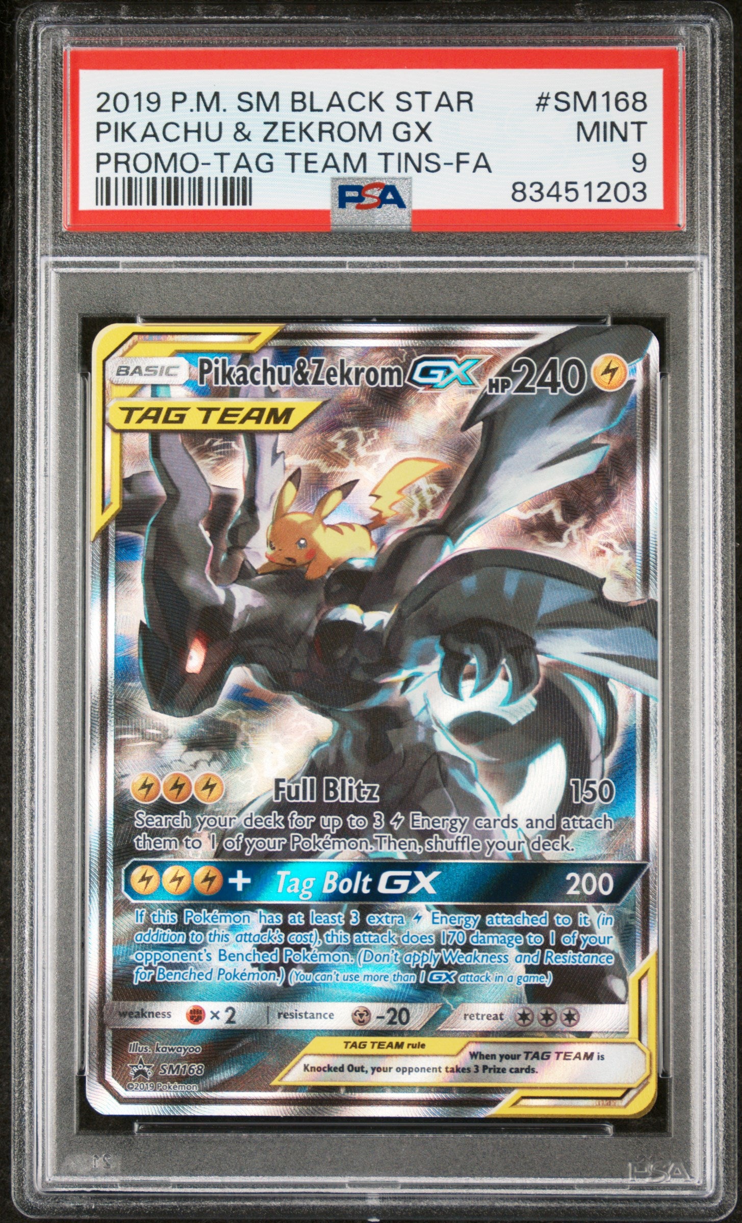 2019 Pokemon Sm Black Star Promo Full Art / Pikachu & Zekrom Gx #SM168 PSA Mint 9